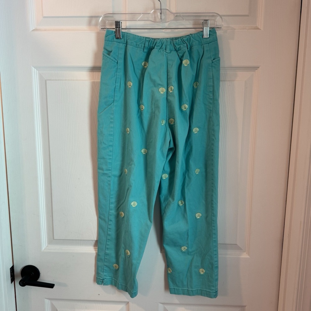 Apple‎ Seeds Pants Women's Sz 12 Blue Stretch Chino Capri Embroidered Seashells